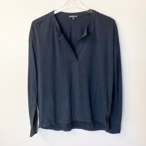 James Perse Long Sleeve Cotton Split Neck Top - Navy - S